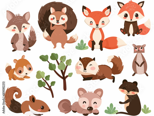 a set of cute foxes and other animals