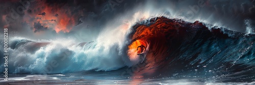 Barrel riding brilliance: Surfer skillfully navigates colossal waves in ocean © Oleksandr
