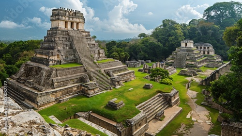 Panoramic view of the Palenque temple complex  ancient Mexican ruins