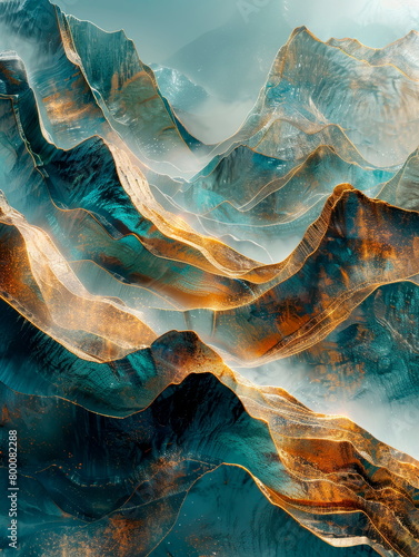 Abstract metallic landscape with mountains and valleys, with different textures and finishes.