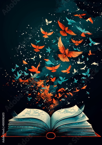 open book with pages transforming into birds, symbolizing knowledge taking flight.