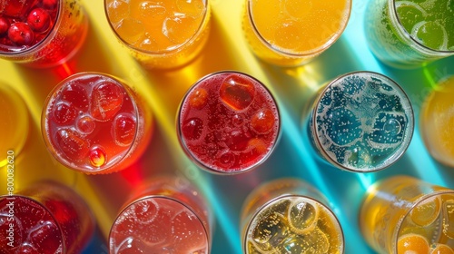 Sleek and modern presentation of various soft drinks, top view, highlighting the freshness and fizz, isolated on a bright background