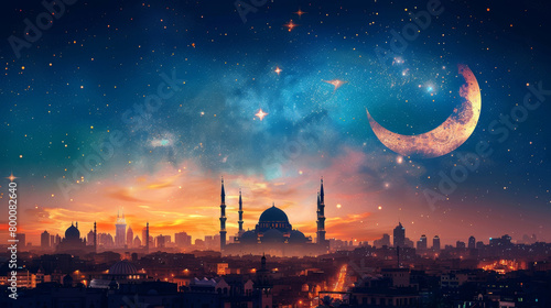 Eid Mubarak: Celebrating Ramadan with a sparkling crescent moon over a majestic city skyline
