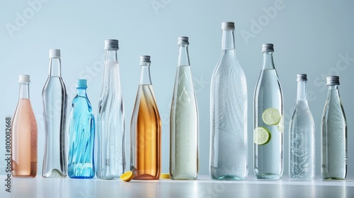 Sleek and modern photo ad of various water bottles, highlighting the unique textures of sparkling vs. still water, flavored options available, isolated backdrop