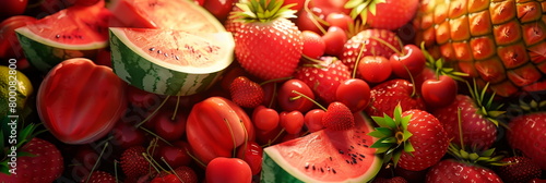 A collection of summer fruits like watermelon, strawberries, cherries, and pineapples.