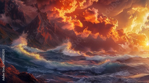 Fiery Sunset over Rugged Mountains with Crashing Waves.