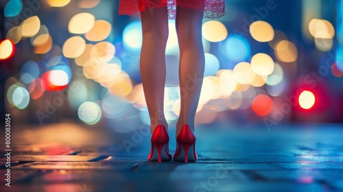 Elegant female legs wearing red high heels standing on a wet urban street with bokeh lights.