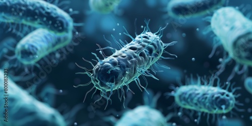 Highly detailed scientific illustration of bacterium with flagella in a blue microscopic view.