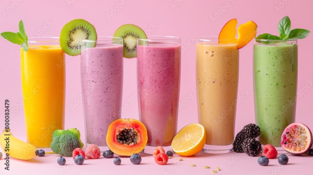 Refreshing fruit and vegetable smoothies in tall glasses, vividly colored ingredients, meticulously arranged on an isolated background under studio lighting Refreshing fruit and vegetable smoothies in tall glasses, vividly colored ingredients, meticulously arranged on an isolated background under studio lighting