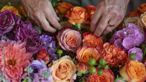 Close-up of senior hands tenderly arranging a vibrant bouquet of multi-colored roses. © tashechka