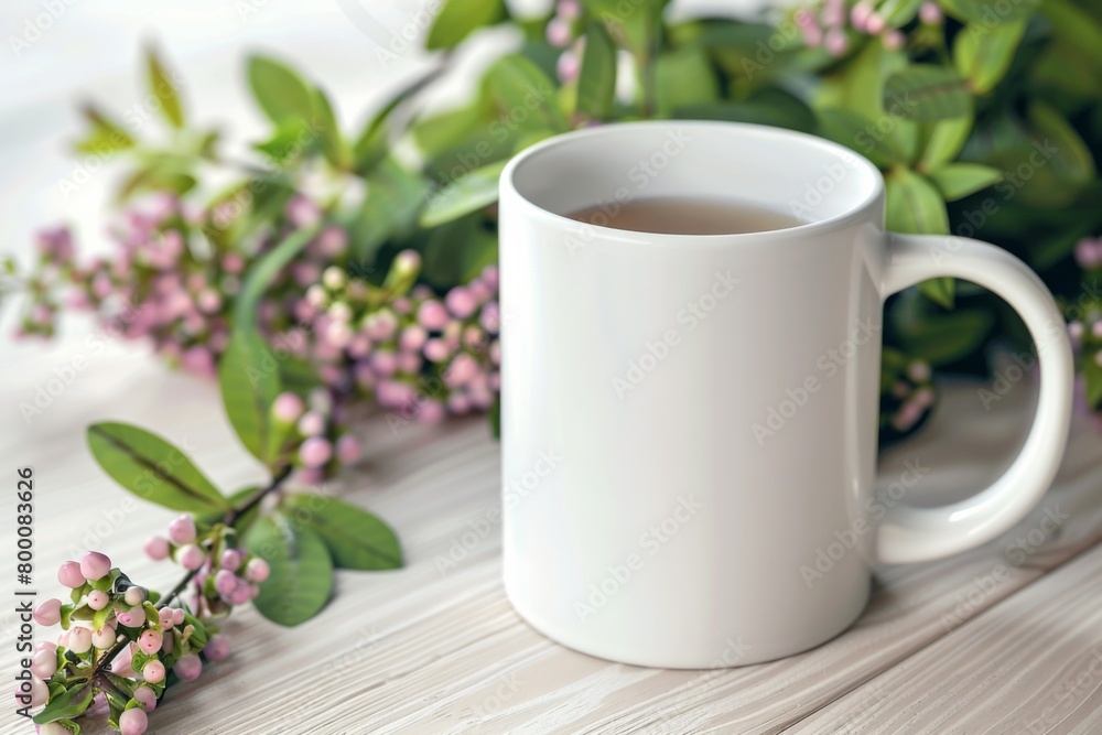 White Blank Mug Mockup in Photographic Scene created with Generative AI White Blank Mug Mockup in Photographic Scene created with Generative AI