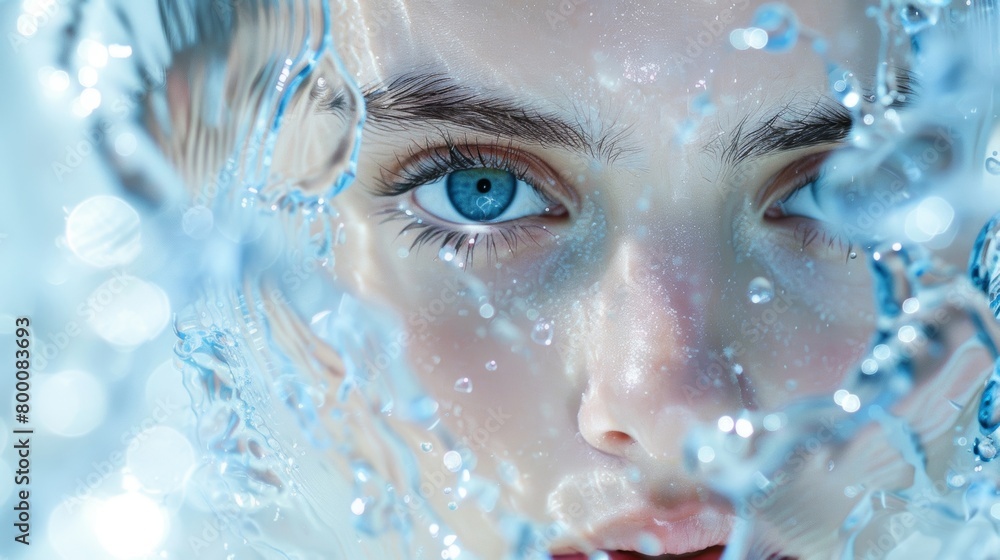 Close-up of a young woman's face under water, eyes open, surrounded by bubbles and refracted light.