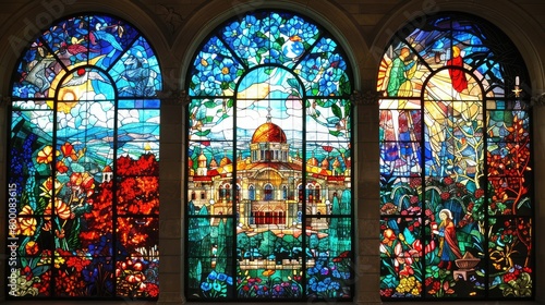 A striking stained glass window depicts a colorful mosaic of a bustling cityscape with a radiant sun