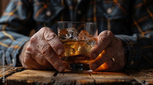 Close-up of a whiskey glass with ice cubes, cradled in aged hands over a wooden surface.