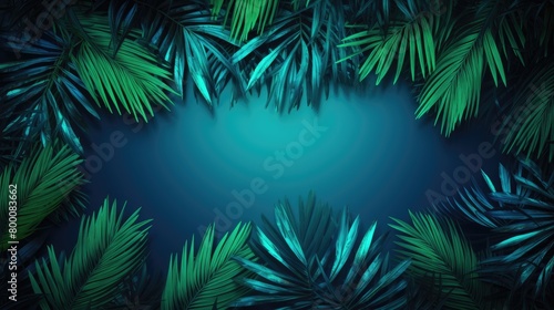 Modern trendy neon glowing light with neon green palm tropical leaves on a blue background.
