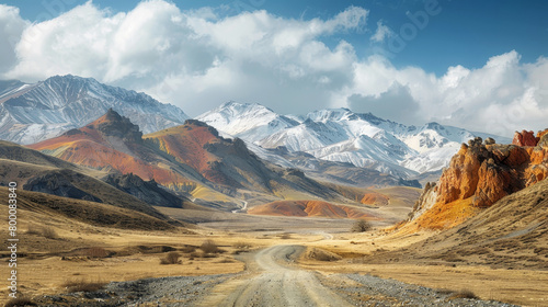 Scenic view of the Kyzyl-Chin Valley  nicknamed Mars  in Russia with colorful hills and snowy mountains
