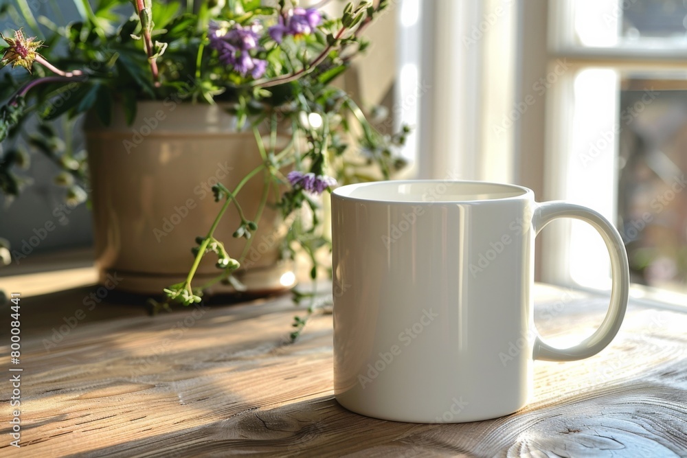 White Blank Mug Mockup in Photographic Scene created with Generative AI White Blank Mug Mockup in Photographic Scene created with Generative AI
