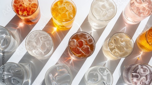 Overhead shot of different water types  showcasing variety in still and carbonated options  isolated on pure white  under clear studio lighting