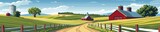 Farm landscape. Panoramic illustration of a serene rural farm landscape with rolling hills, colorful fields, red barns, and a traditional silo generative ai raster illustration. 