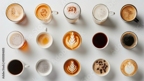 Overhead shot of assorted coffee drinks, from cappuccino to Americano, elegant presentation, isolated on a stark background