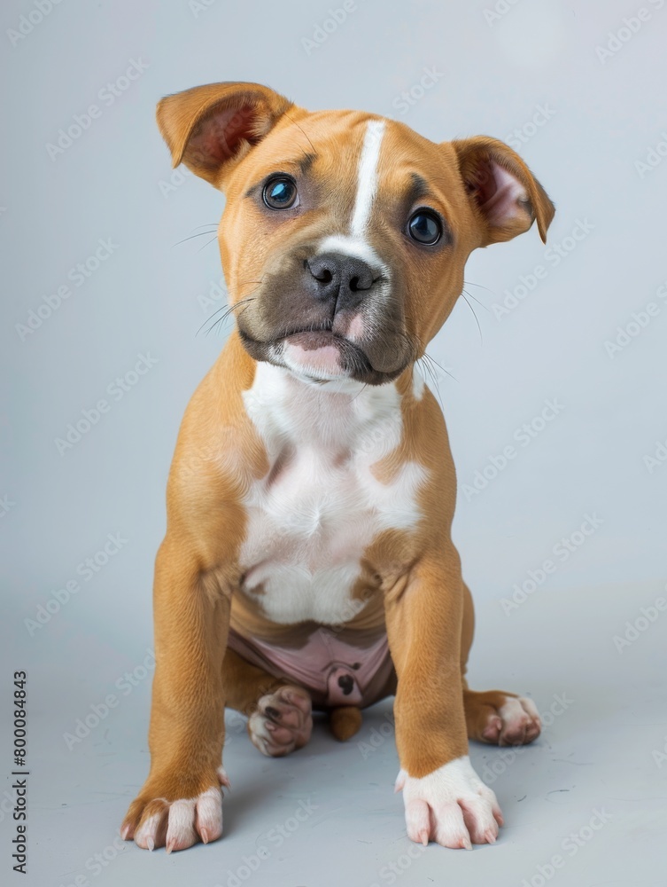 Cute brown and white American Staffordshire Terrier puppy, sitting on the floor with paws in front of its body, looking up at the camera, studio shot, full body