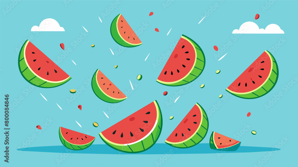 Watermelon seeds flying through the air as the contestants spit them out during their race to finish.. Vector illustration Watermelon seeds flying through the air as the contestants spit them out during their race to finish.. Vector illustration