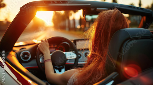 Woman Driving Mercedes Cabrio Car at Sunset photo