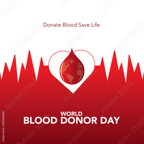 World blood donor day. Emblem with image of red heart on dark background. Medical sign on June 14. Vector illustration.
