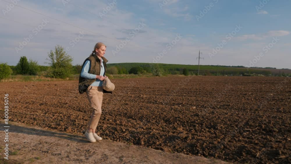 A middle-aged farmer walks along a country road among plowed fields A middle-aged farmer walks along a country road among plowed fields