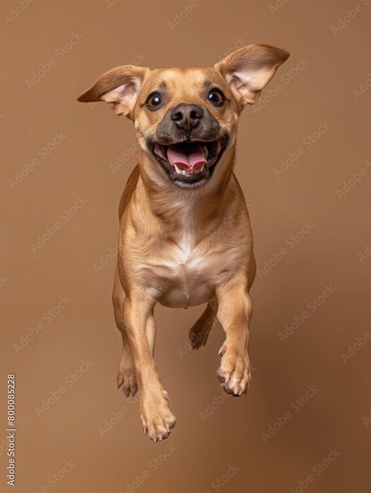 A photo of an happy smiling muggin dog in full height jumping, brown background, studio shot
