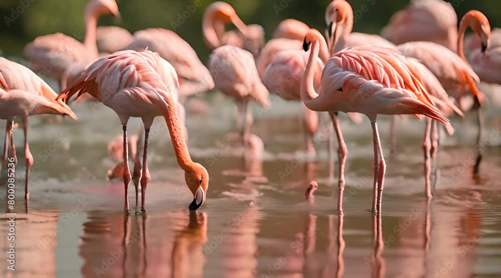 Flamingos Wading in Water, flock of elegant flamingos wading in shallow waters, their reflections mingling with ripples, capturing the essence of wildlife grace Flamingos Wading in Water, flock of elegant flamingos wading in shallow waters, their reflections mingling with ripples, capturing the essence of wildlife grace