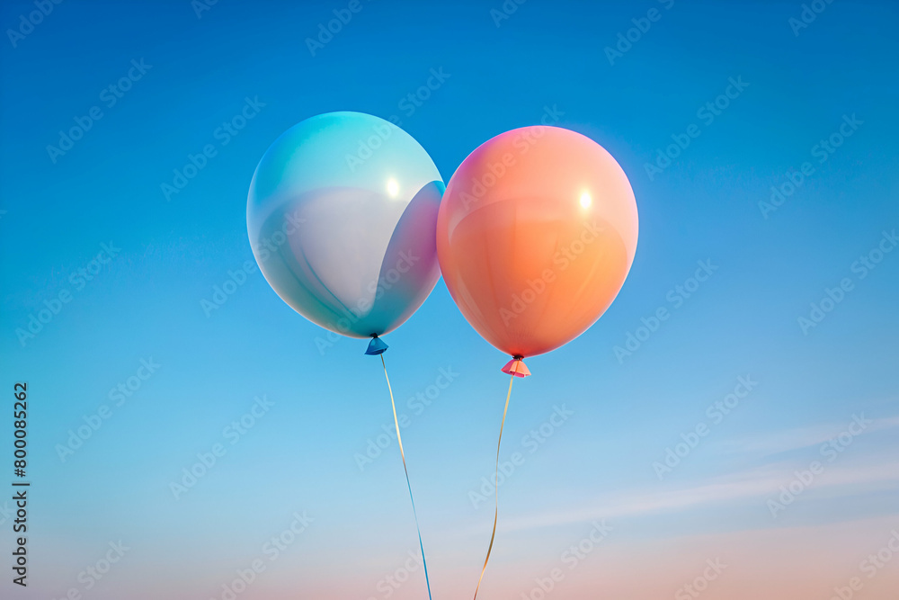Macro of Two Balloons Tied Together Floating Against Clear Sky on Cyan and Peach Background