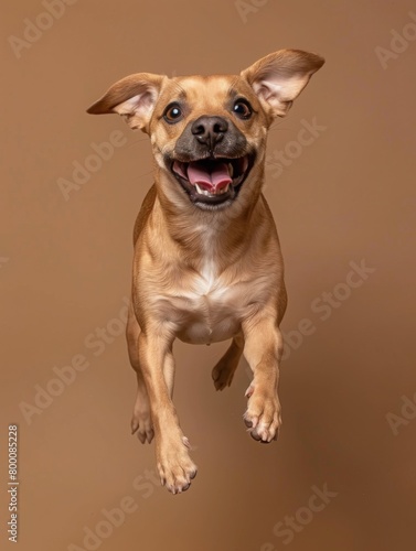A photo of an happy smiling muggin dog in full height jumping  brown background  studio shot
