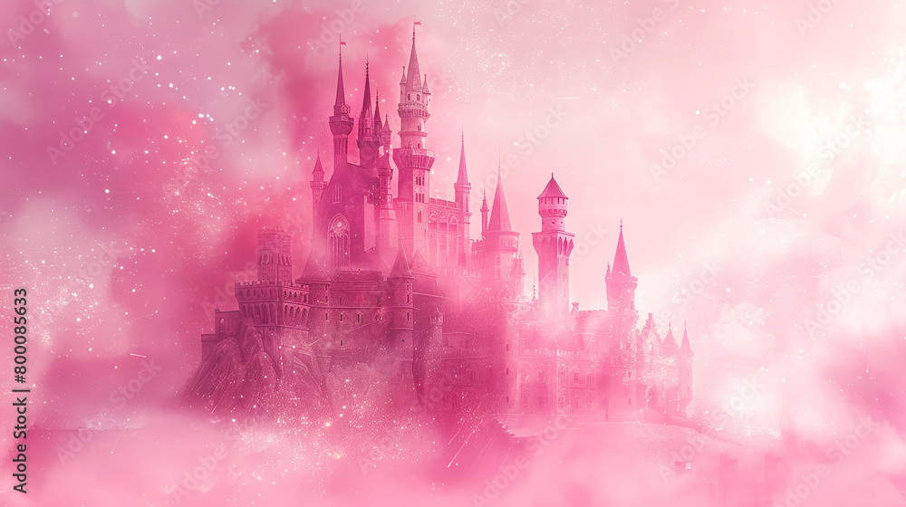 Fototapeta premium Enchanting pink fairytale castle silhouette engulfed in a dreamy mist