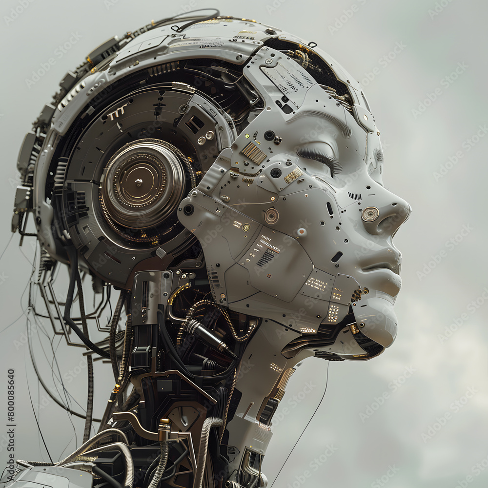 Fototapeta premium 3d rendering robot artificial intelligence cyborg head isolated on gray background.
