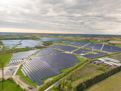 Aerial View of Sustainable Solar Panel Field