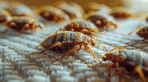 A closeup view of bed bugs crawling on a mattress photo