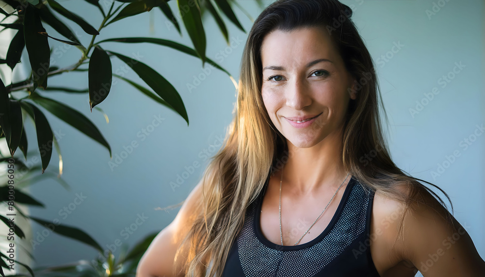 Nice-looking athletic middle-aged woman smiling towards the camera in close-up.
Nice-looking athletic middle-aged woman smiling towards the camera in close-up.