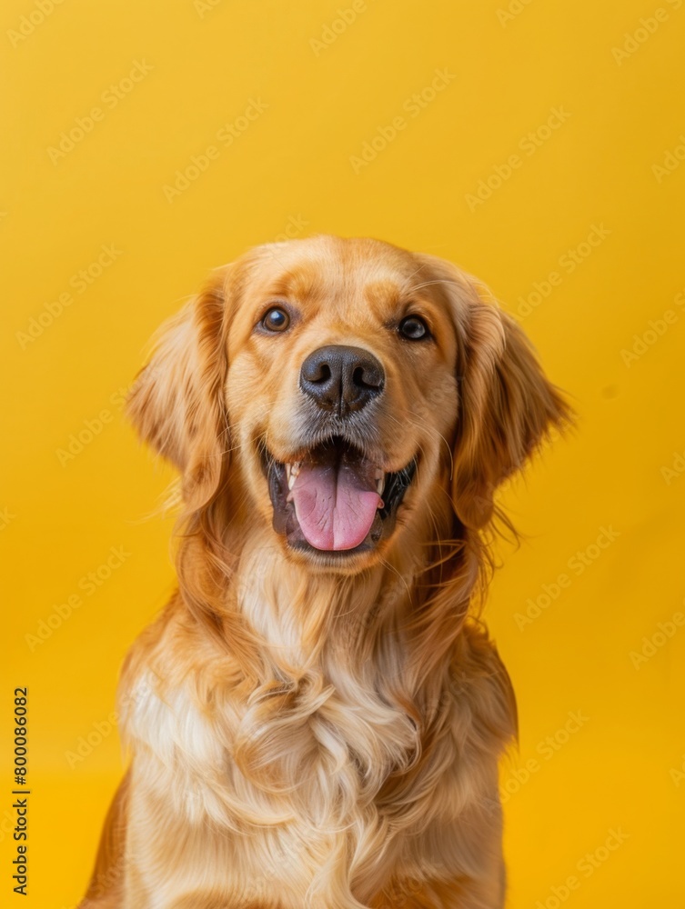 A portrait of a happy smiling golden retriever dog on a yellow background