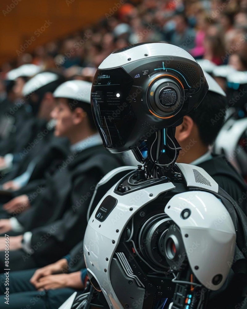 Fototapeta premium Robot delivering an inspiring address to a crowd of eager listeners at a graduation ceremony