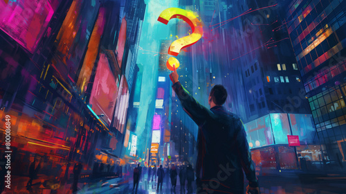 Captivating scene of a man holding a glowing question mark in a vivid neon-lit urban environment