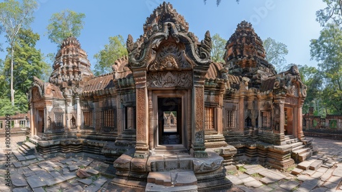 Panoramic view of the Banteay Srei temple, intricate Cambodian structures © dfc22