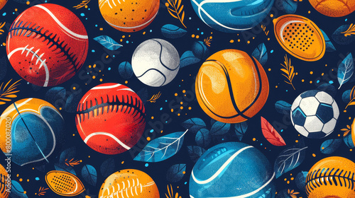 Vivid and colorful illustration of various sports balls including basketball, soccer, and baseball on a dark patterned background