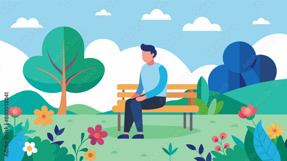 A tranquil park a man sitting on a bench surrounded by colorful flowers and finding clarity in their simplicity.. A tranquil park a man sitting on a bench surrounded by colorful flowers and finding clarity in their simplicity..