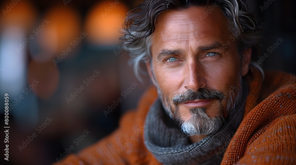 the essence of contentment, our medium shot portrait reveals the satisfaction of a man in his 40s amidst the glamour of a fashion runway, his chic cardigan echoing the sophistication of the event