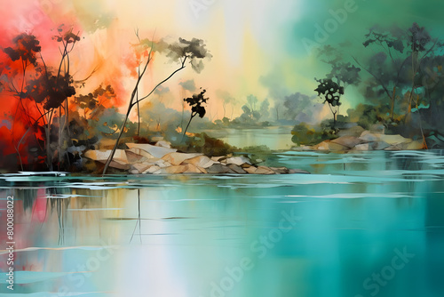 Tranquil Island Haven, abstract landscape art, painting background, wallpaper, generative ai