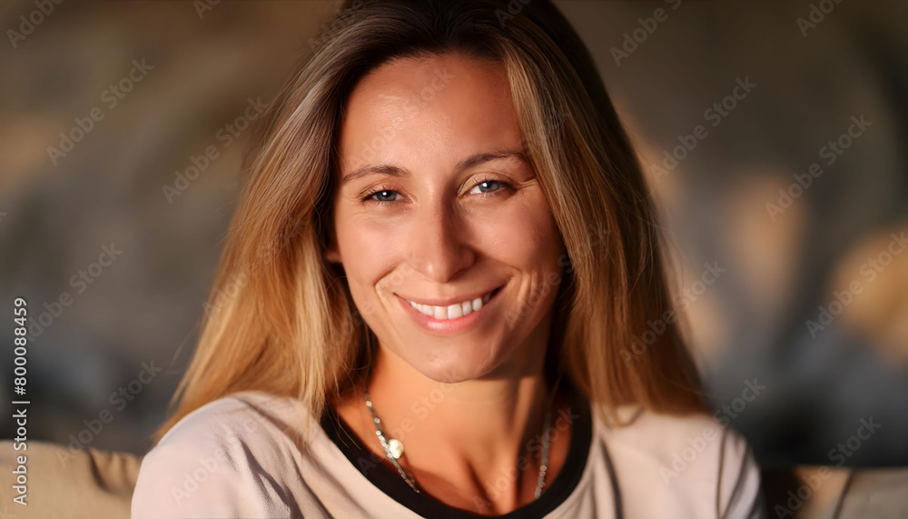 The pleasant-looking middle-aged woman, smiling towards the camera in close-up The pleasant-looking middle-aged woman, smiling towards the camera in close-up