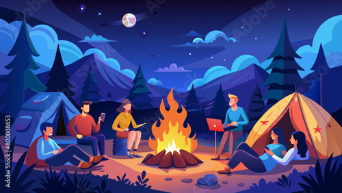 Enchanting Nighttime Campfire Gathering in the Forest