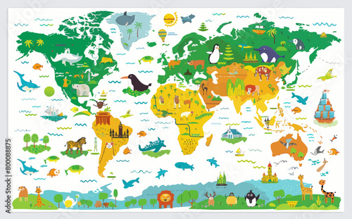 a map of the world with animals on it