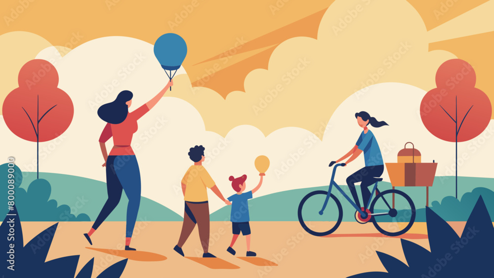 Family Enjoying a Sunny Day at the Park with Balloons and Bicycles